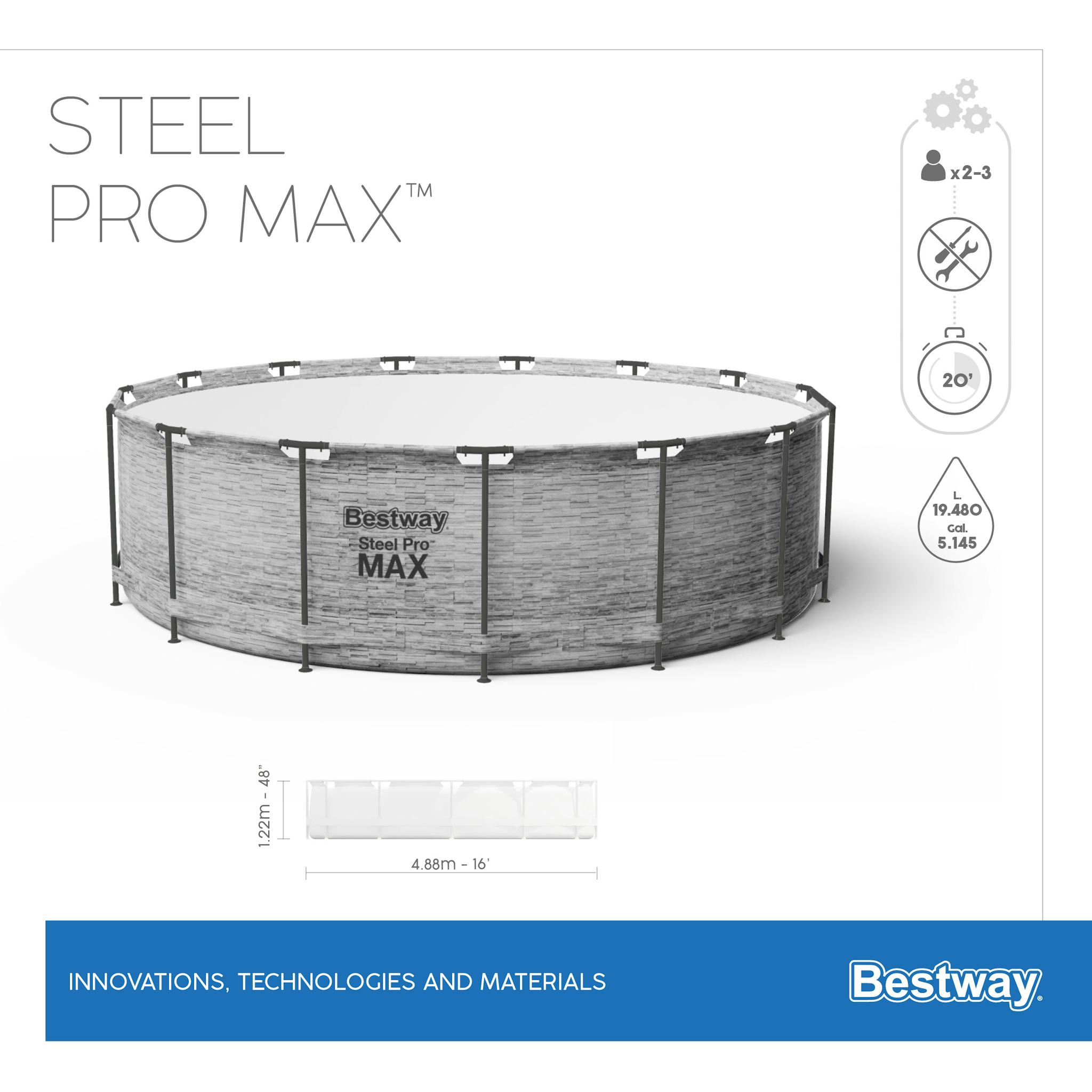 Piscine fuori terra Piscina base struttura e liner rotonda Steel Pro MAX da 488x122 cm effetto pietra Bestway 3