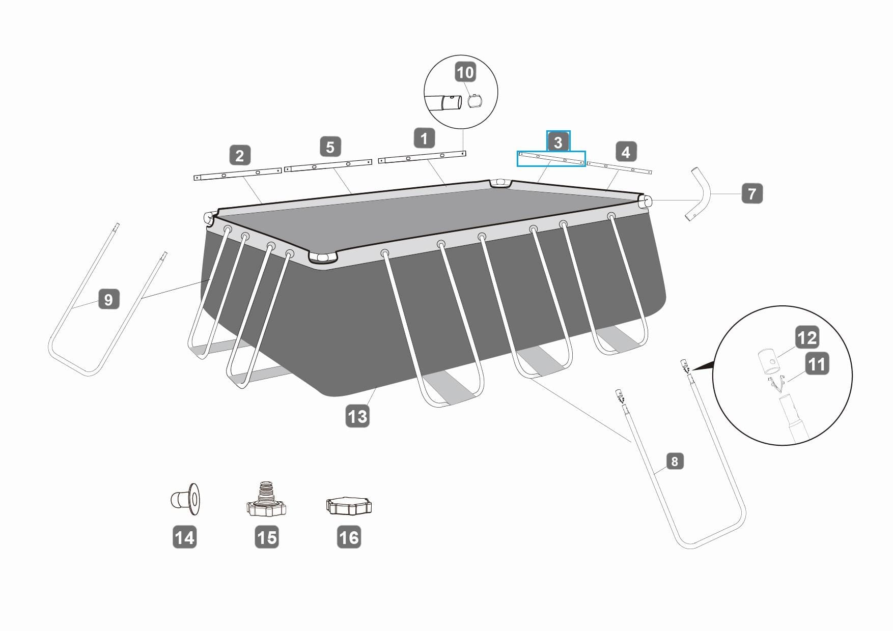 Ricambi Piscine e Spa Barra orizzontale C per piscina rettangolare Power Steel da 412x201x122 e 404x201x100 cm Bestway 2