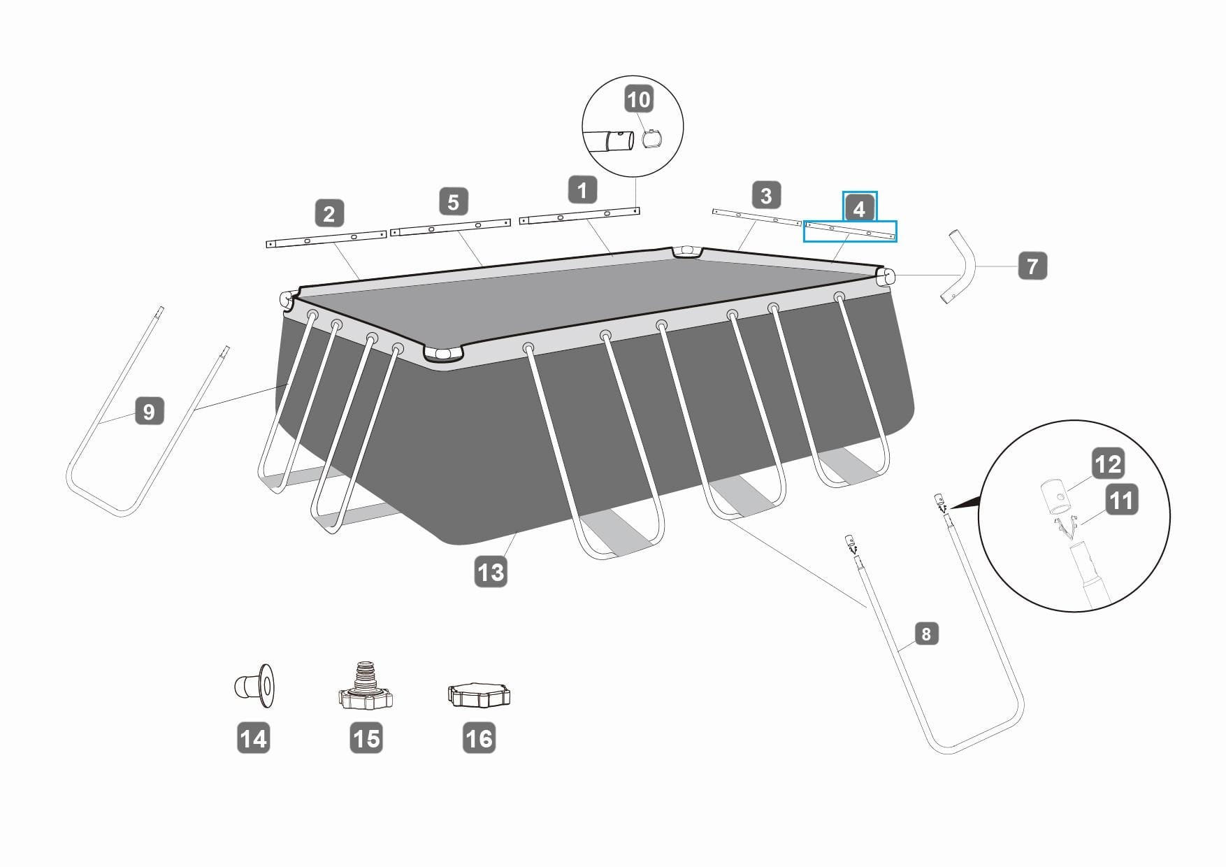 Ricambi Piscine e Spa Barra orizzontale D per piscina rettangolare Power Steel da 412x201x122 e 404x201x100 cm Bestway 2