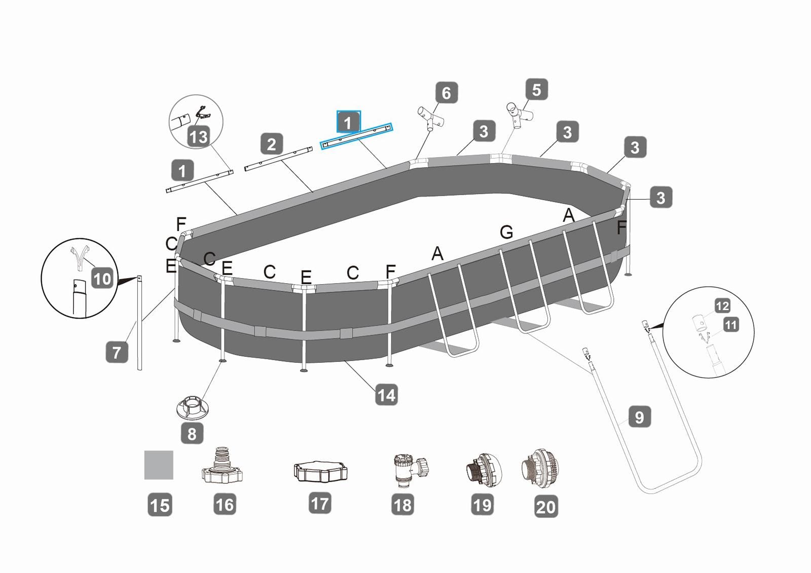 Ricambi Piscine e Spa Barra superiore smerigliata A per piscina Power Steel da 549x274x122 cm e 610x366x12 cm Bestway 2