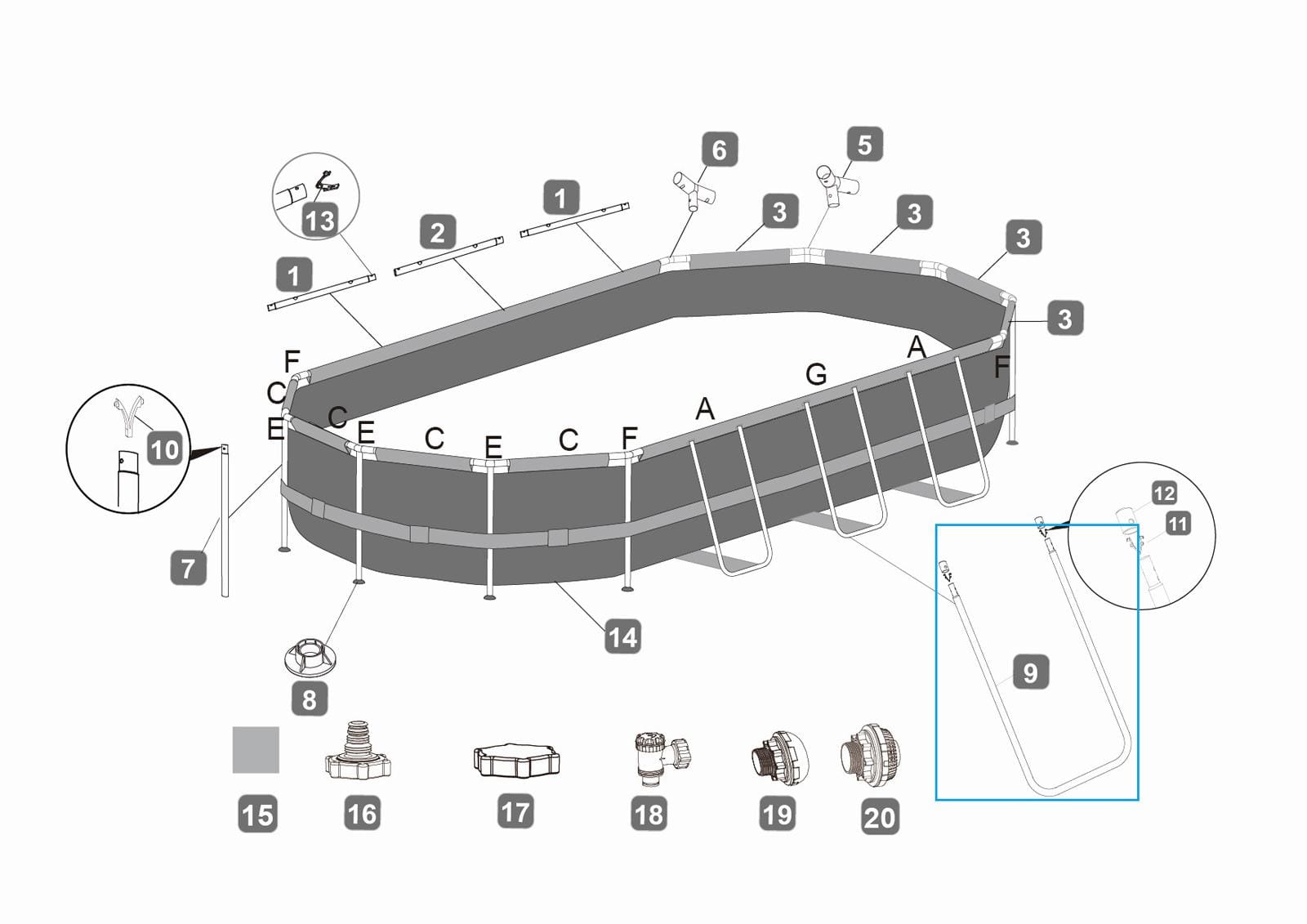 Ricambi Piscine e Spa Supporto a U (A) smerigliato per piscina ovale Power Steel, Power Steel Swim Vista e Power Steel ComforJet Bestway 2