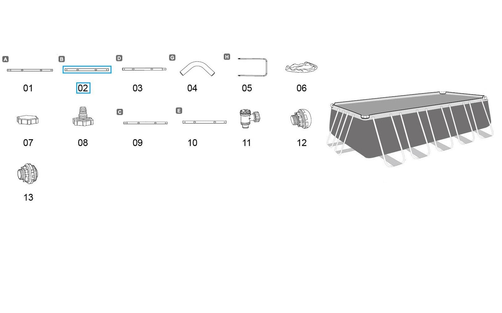 Ricambi Piscine e Spa Barra superiore smerigliata B per piscina Power Steel rettangolare Bestway 2