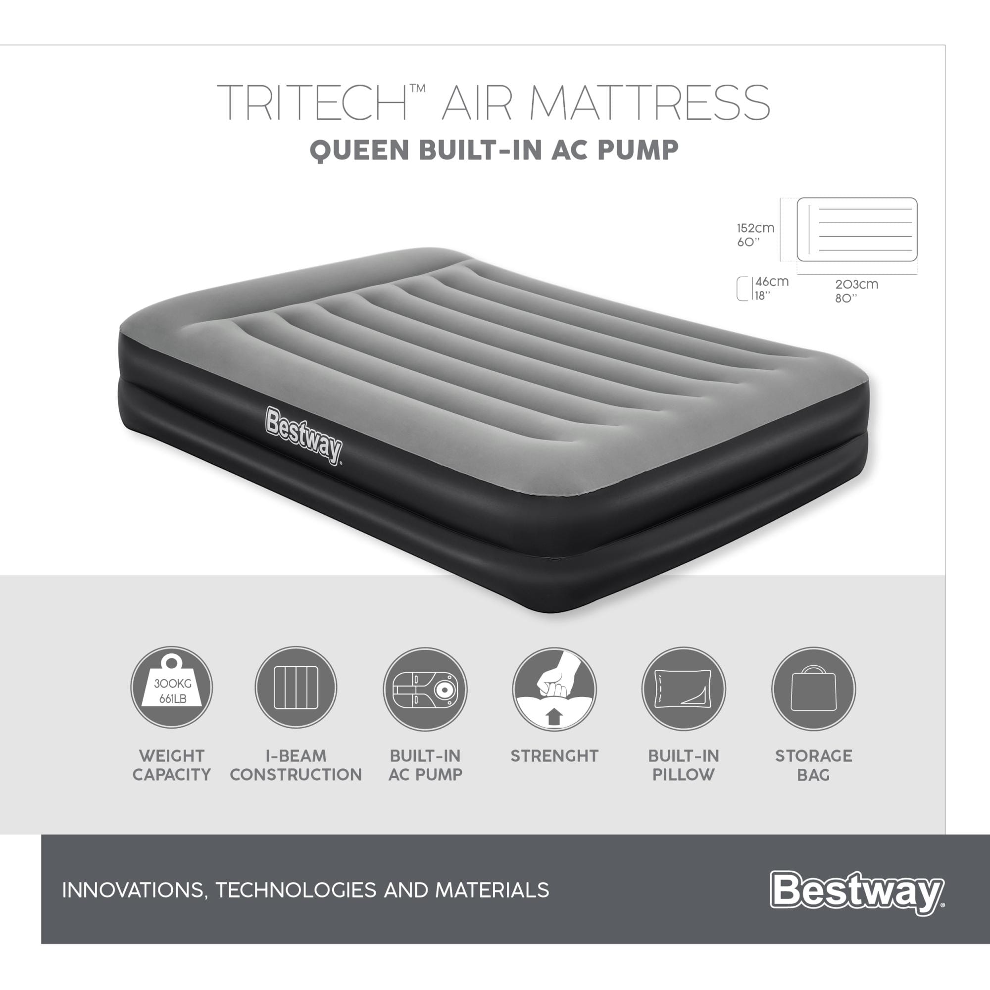 Materassi gonfiabili Materasso  gonfiabile matrimoniale nero da 203x152x46 cm Bestway 10