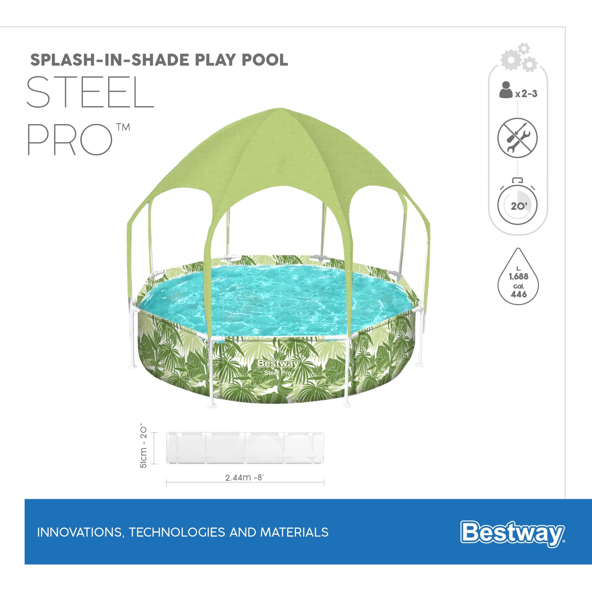 Giochi gonfiabili per bambini Piscina con parasole UV Careful Splash-in-Shade verde da 244x51 cm Bestway 5