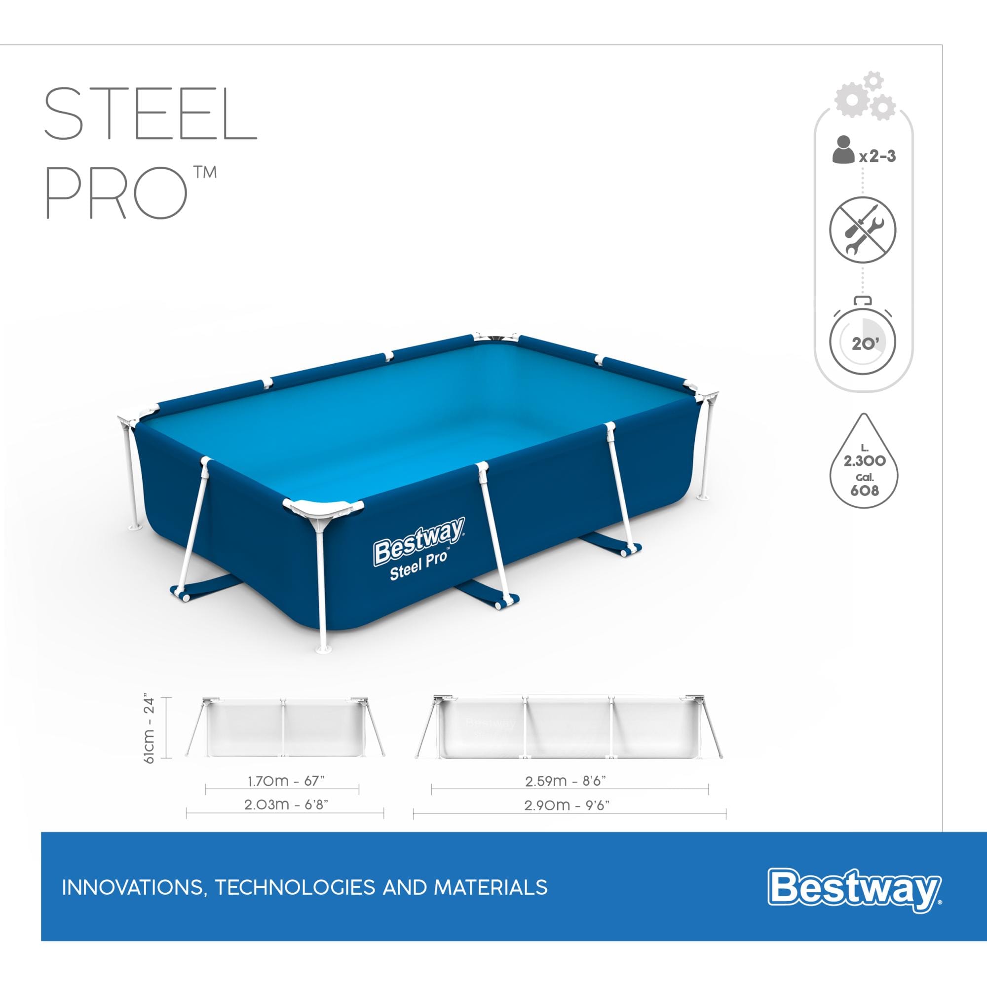 Piscine fuori terra Piscina base struttura e liner rettangolare Power Steel da 259x170x61 cm Bestway 6