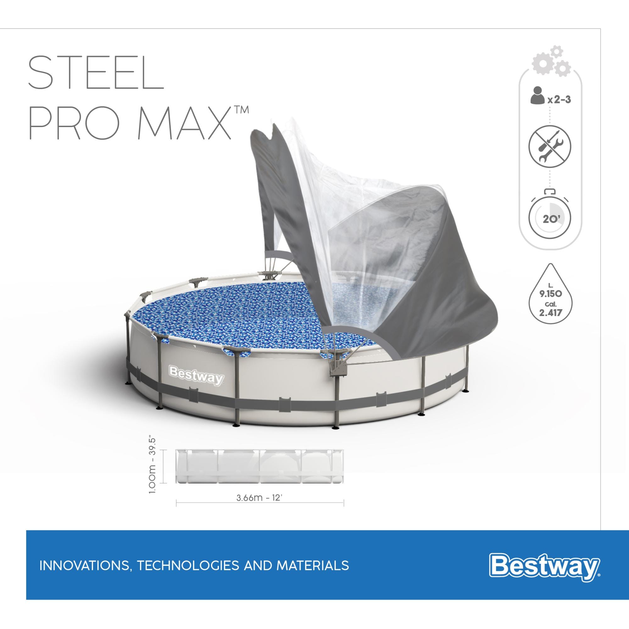 Piscine fuori terra Set piscina fuori terra rotonda Steel Pro MAX da 366x100 cm con tenda parasole Bestway 7