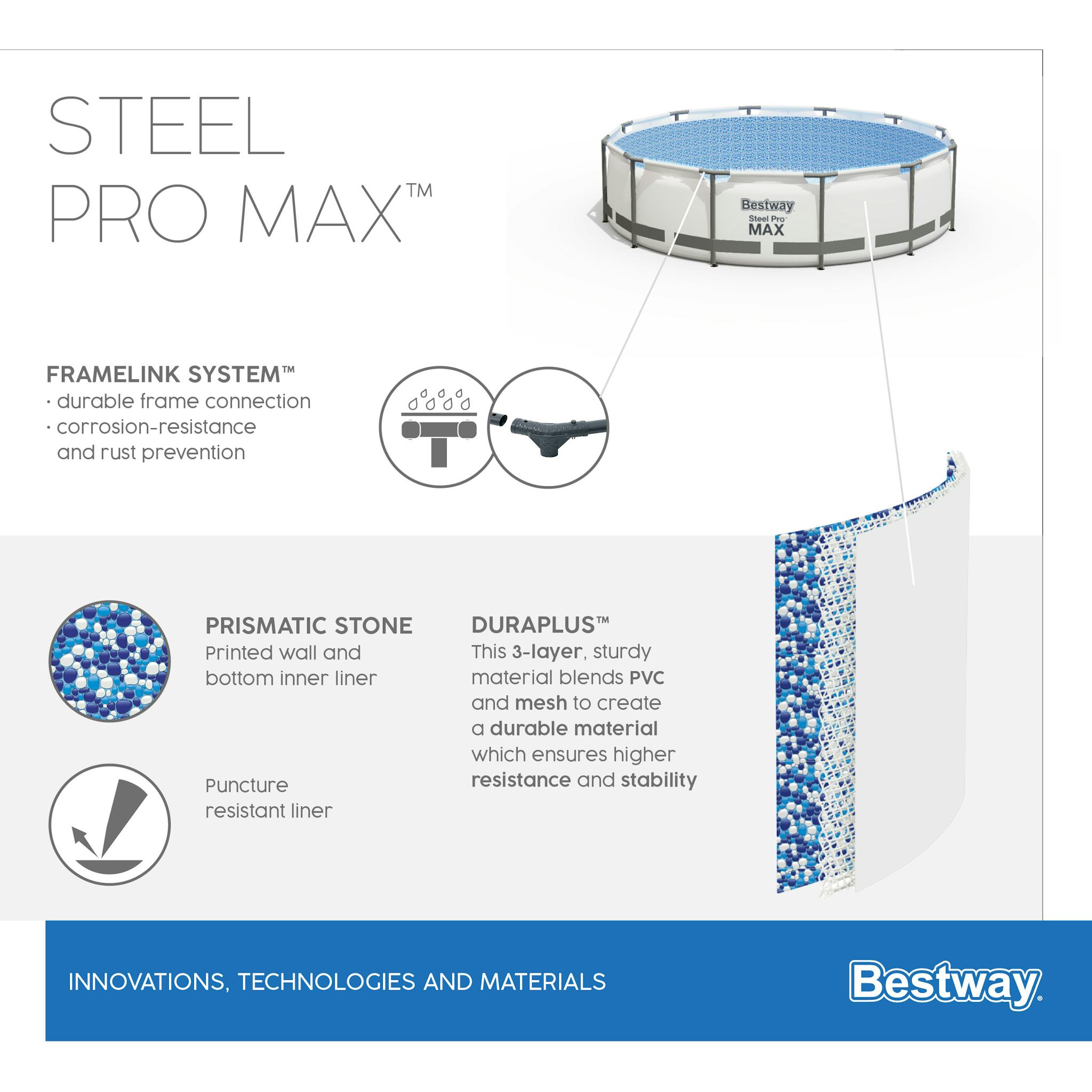 Piscine fuori terra Piscina base struttura e liner rotonda Steel Pro MAX da 488x122 cm grigio chiaro Bestway 5