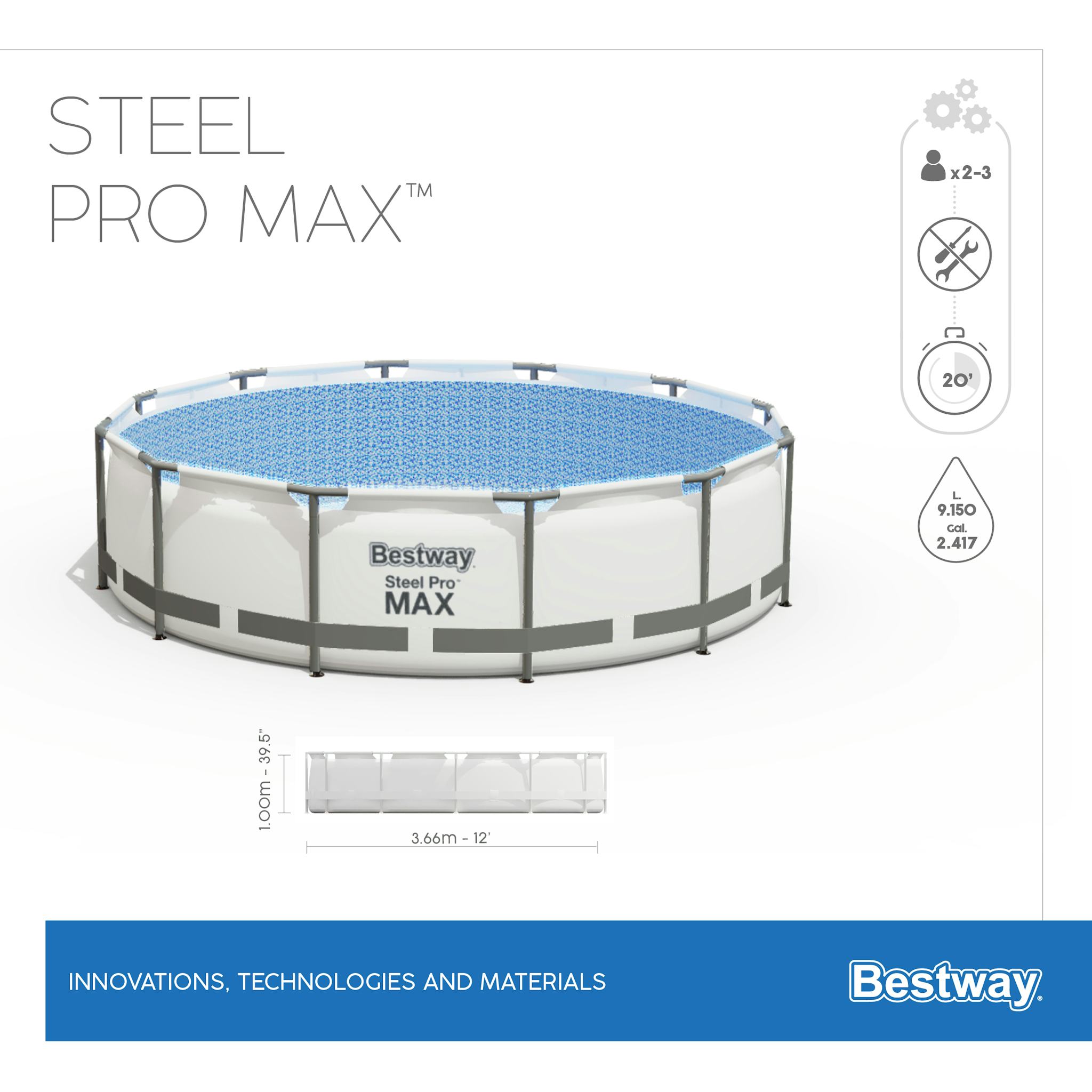 Piscine fuori terra Piscina base struttura e liner rotonda Steel Pro MAX da 366x100 cm grigio chiaro Bestway 3