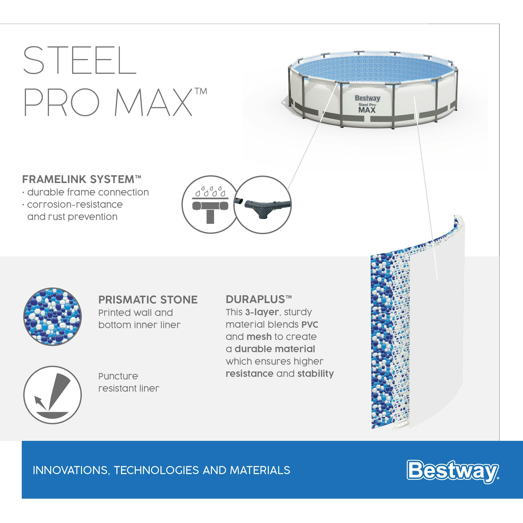 Piscine fuori terra Piscina base struttura e liner rotonda Steel Pro MAX da 427x107 cm grigio chiaro Bestway 5