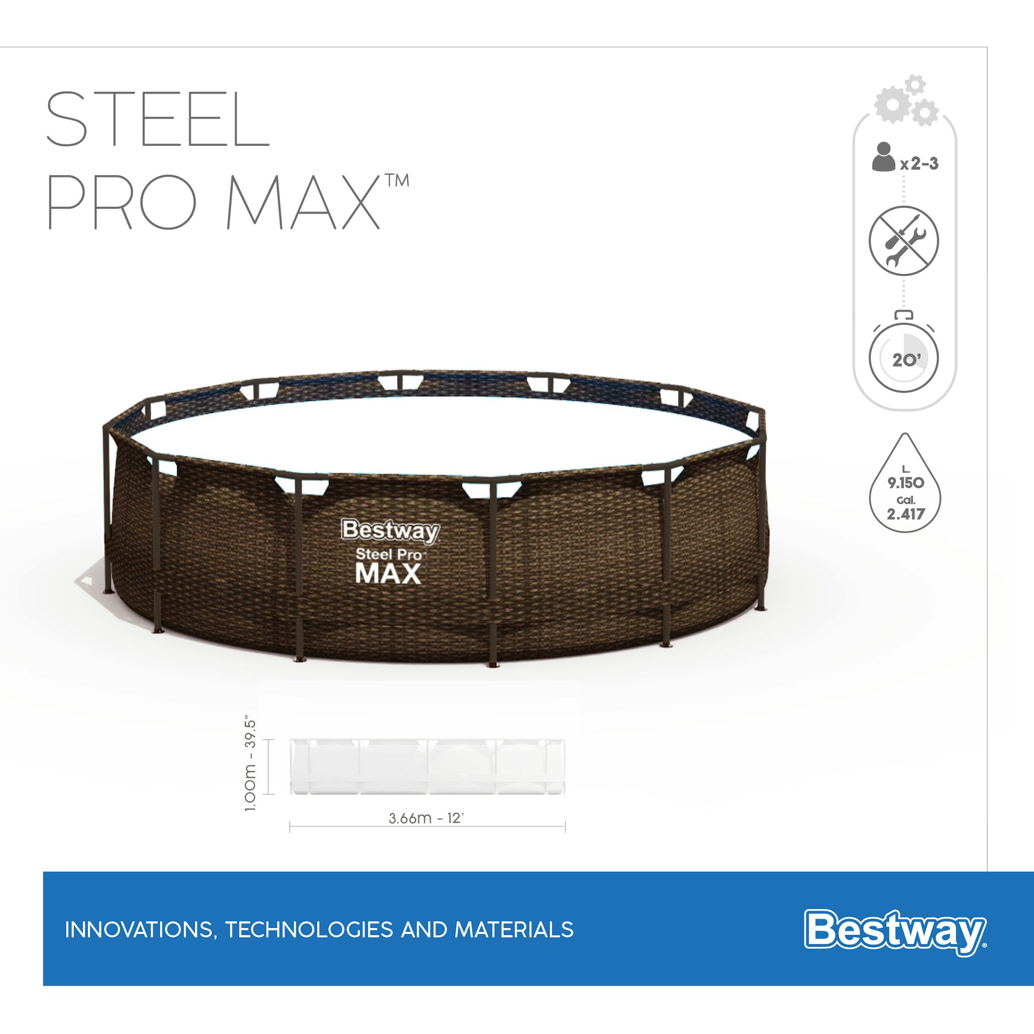 Piscine fuori terra Piscina base struttura e liner rotonda Steel Pro MAX da 366x100 cm rattan scuro Bestway 2