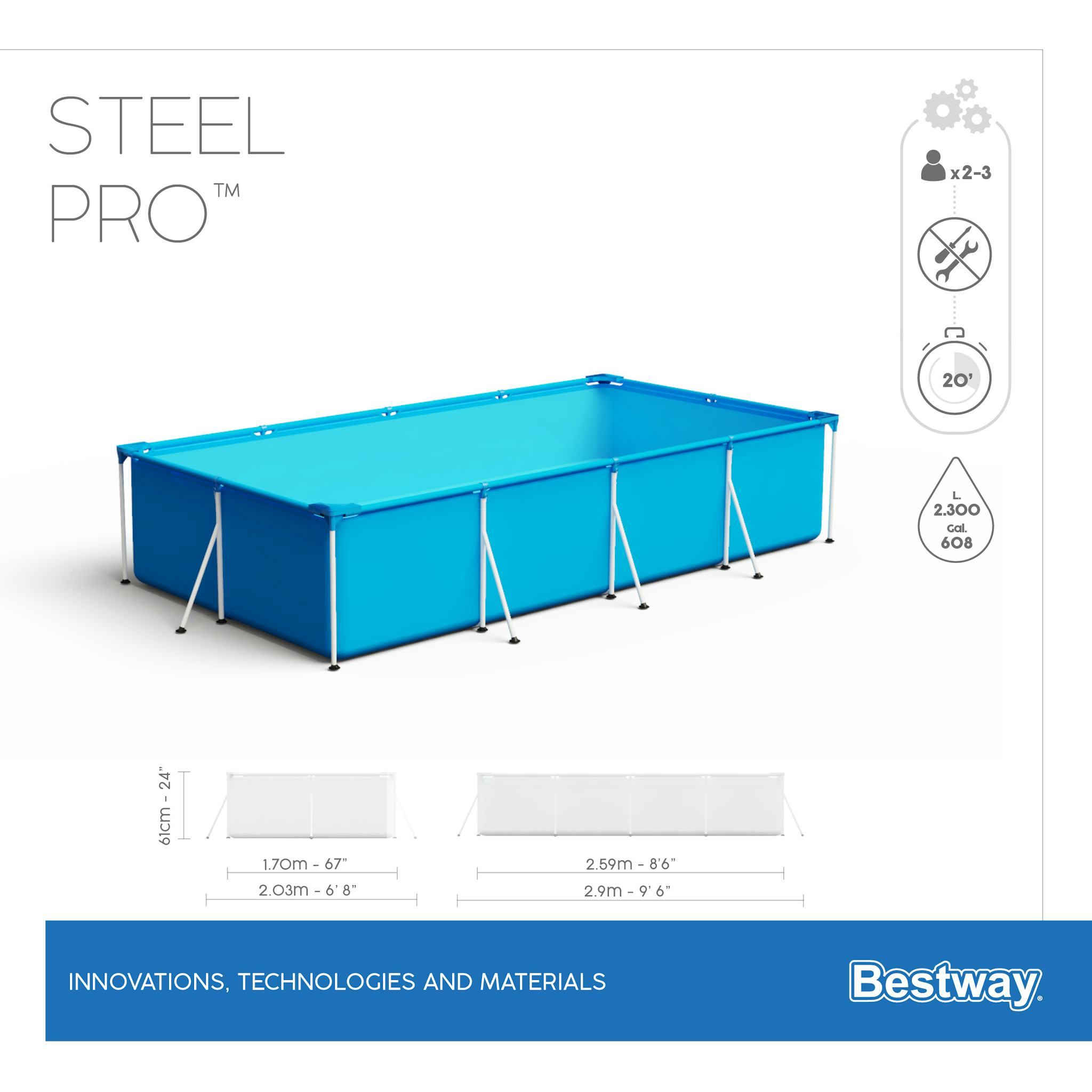 Piscine fuori terra Piscina base struttura e liner rettangolare Steel Pro da 259x170x61 cm blu Bestway 5