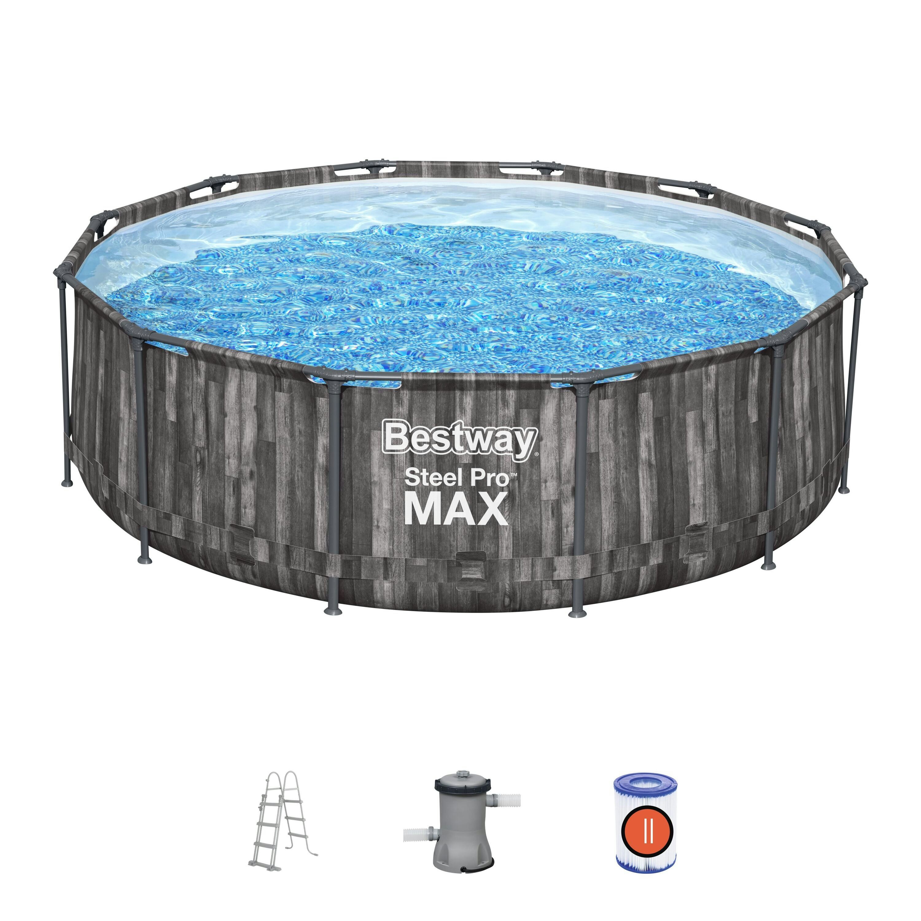 Piscine fuori terra Set piscina fuori terra rotonda Steel Pro MAX da 366x100 cm effetto legno scuro Bestway 1
