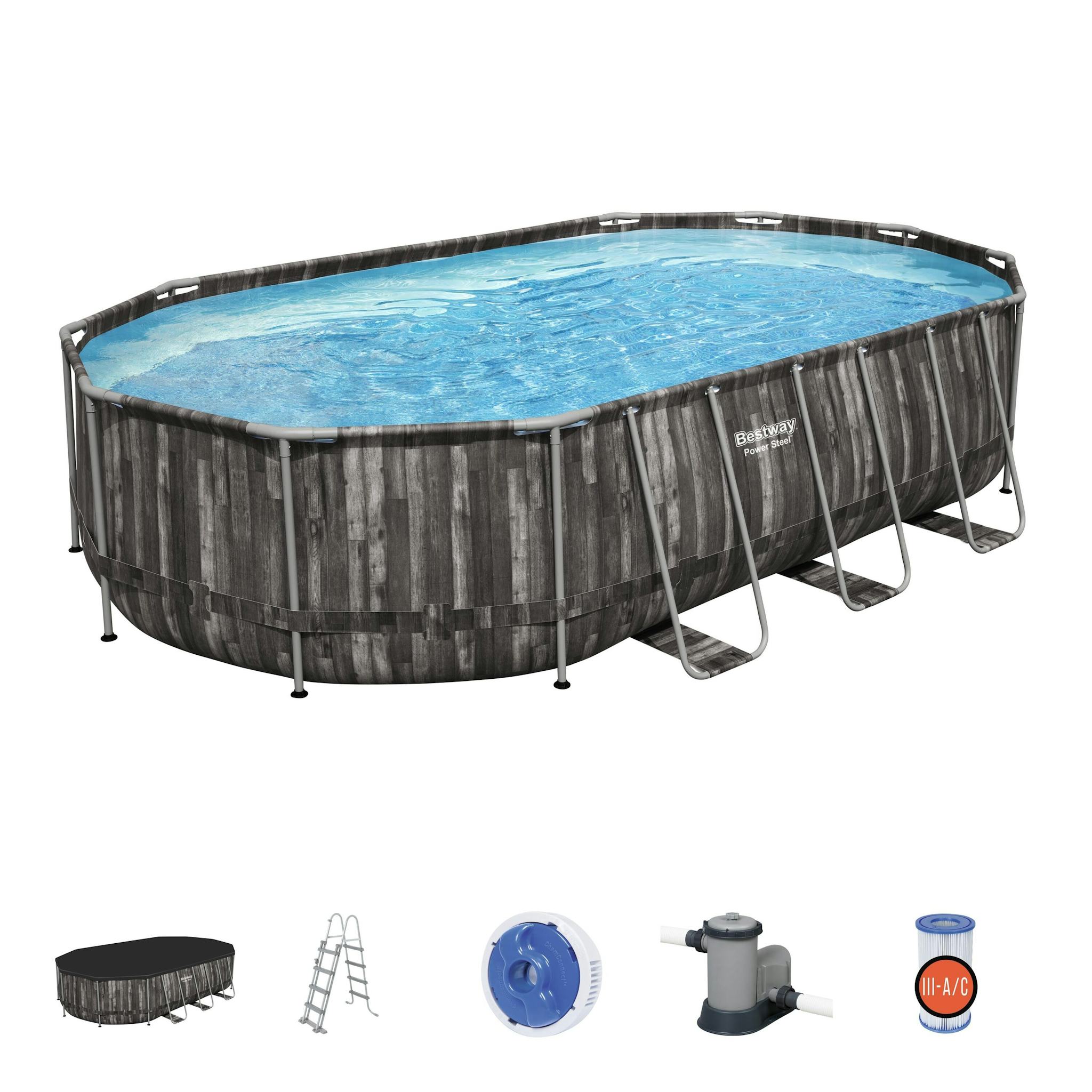 Piscine fuori terra Set piscina fuori terra ovale Power Steel - 610x366x122 cm effetto legno scuro Bestway 1