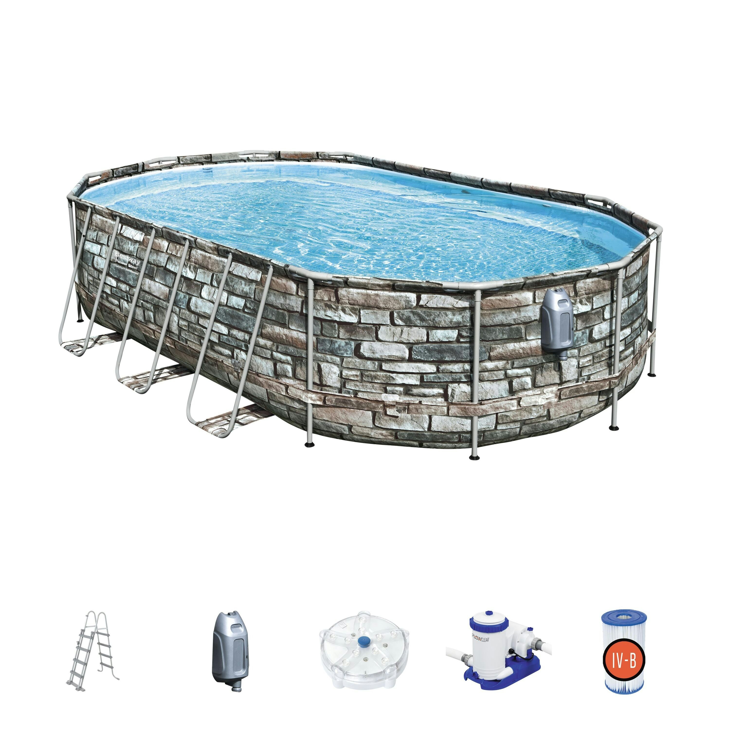 Piscine fuori terra Set piscina fuori terra ovale Power Steel Comfort Jet - 610x366x122 cm effetto pietra Bestway 1