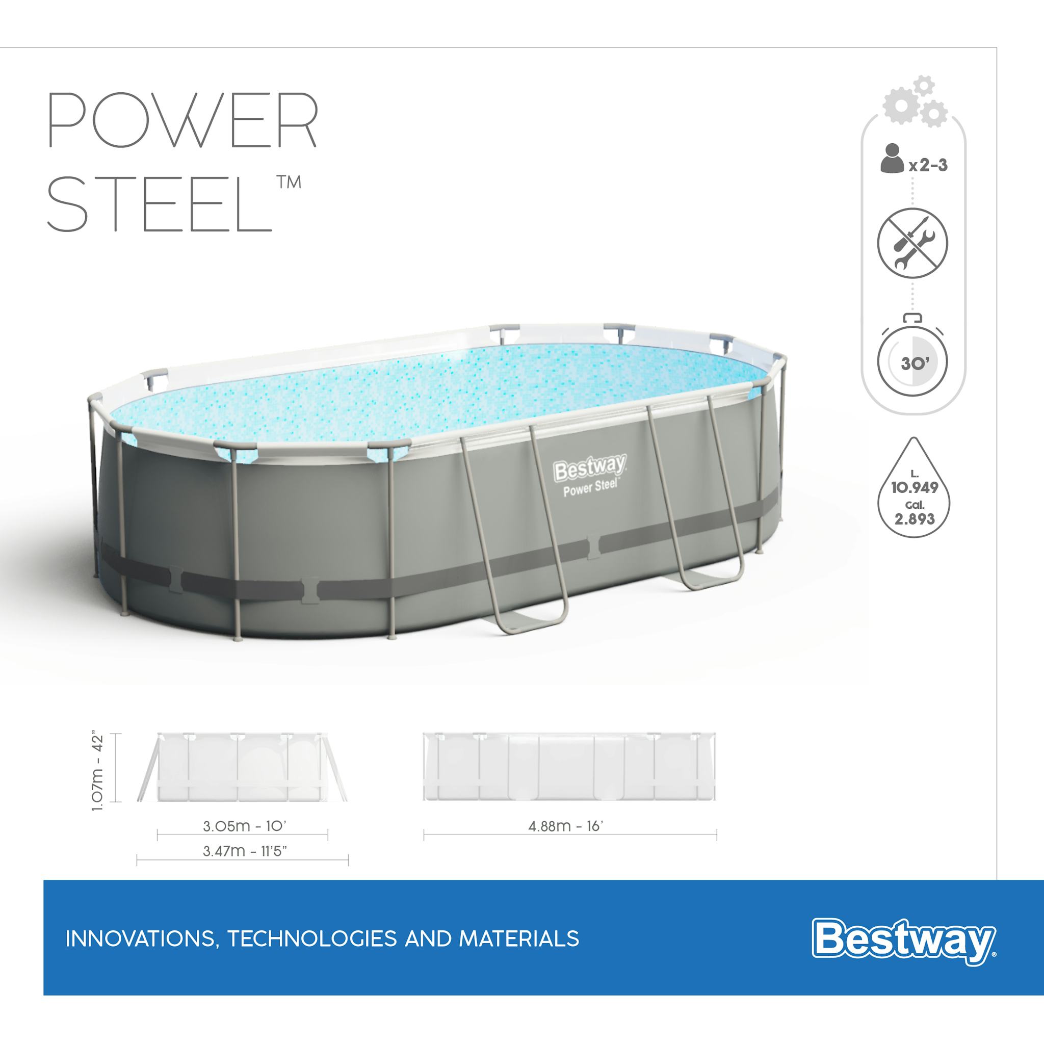 Piscine fuori terra Set piscina fuori terra ovale Power Steel da 488x305x107 cm grigio scuro Bestway 8