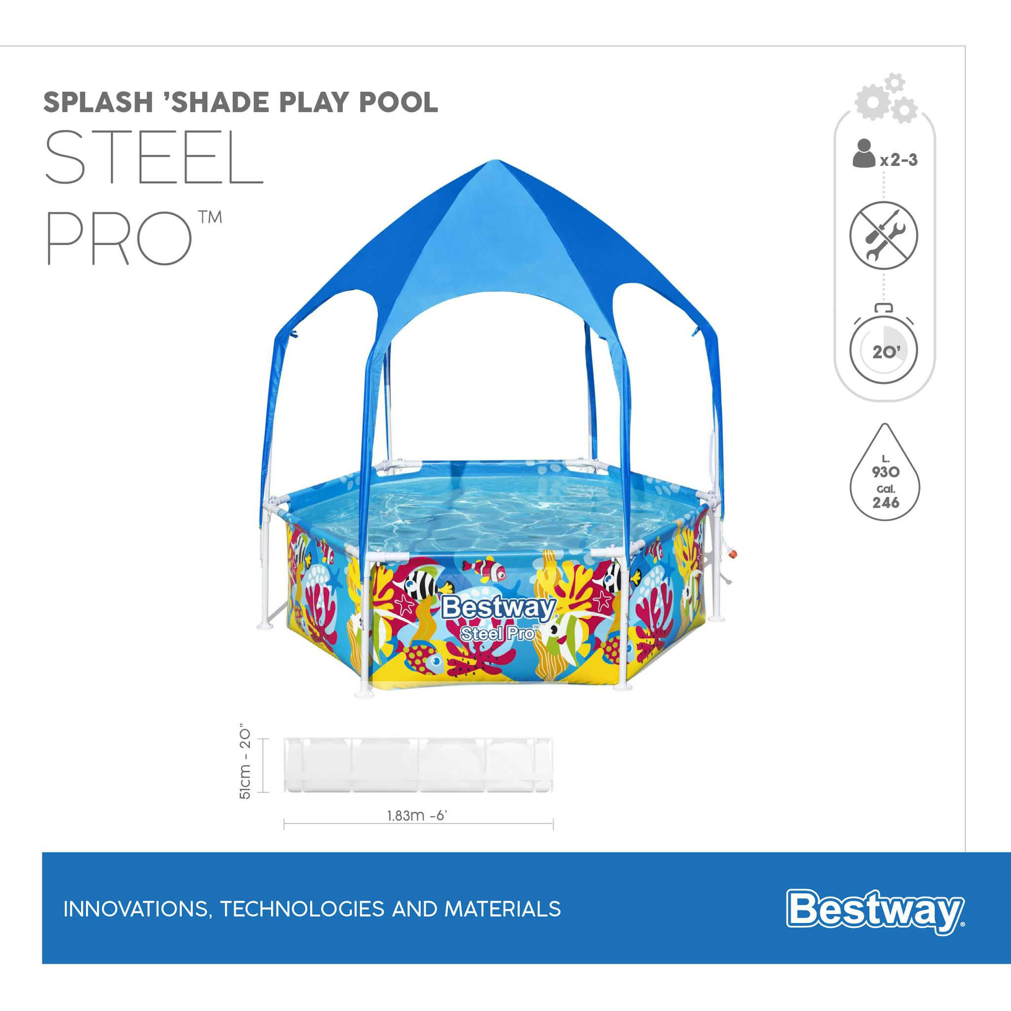Giochi gonfiabili per bambini Piscina rotonda con parasole UV Careful Splash-in-Shade blu Bestway 6