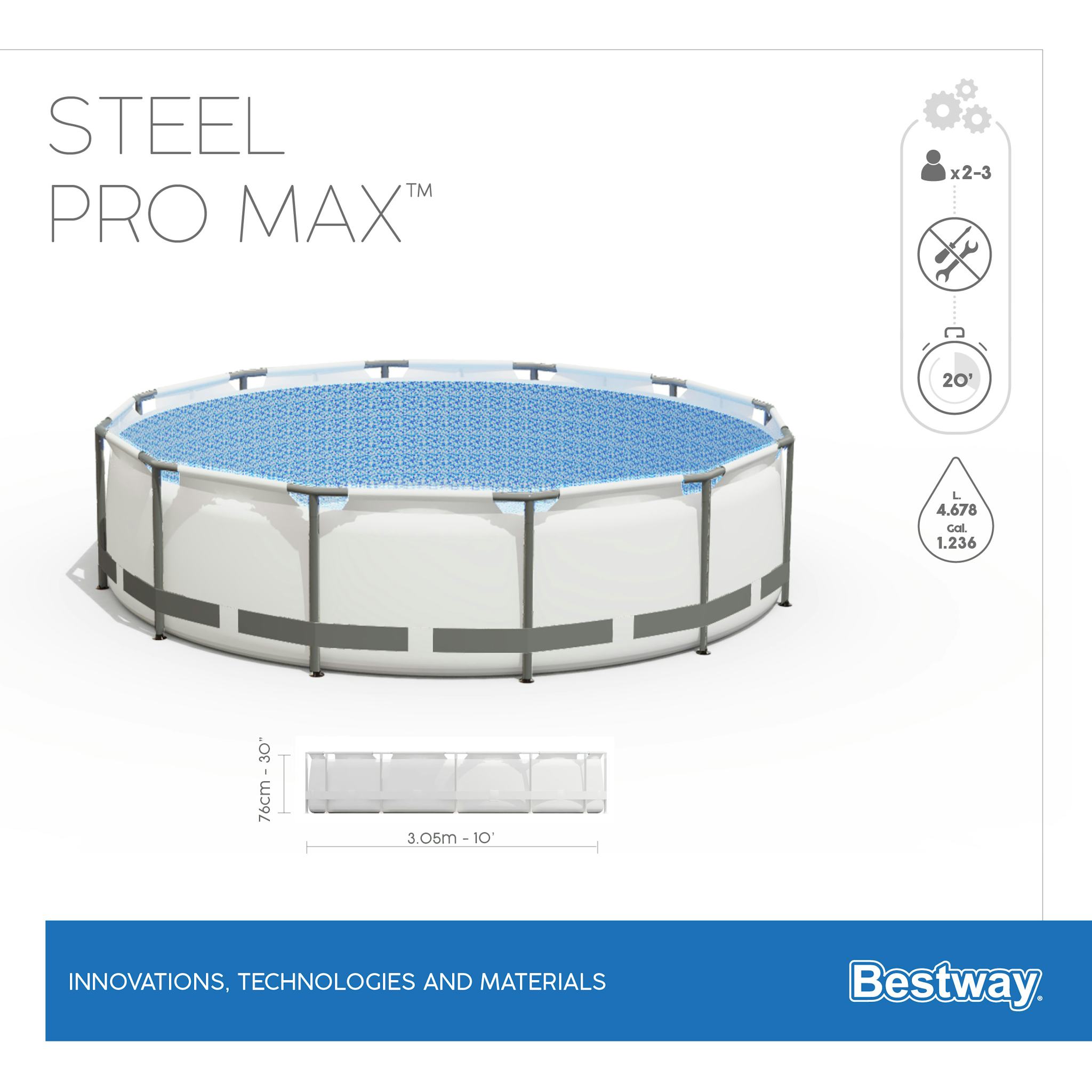 Piscine fuori terra Piscina base struttura e liner rotonda Steel Pro MAX da 305x76 cm grigio chiaro Bestway 3