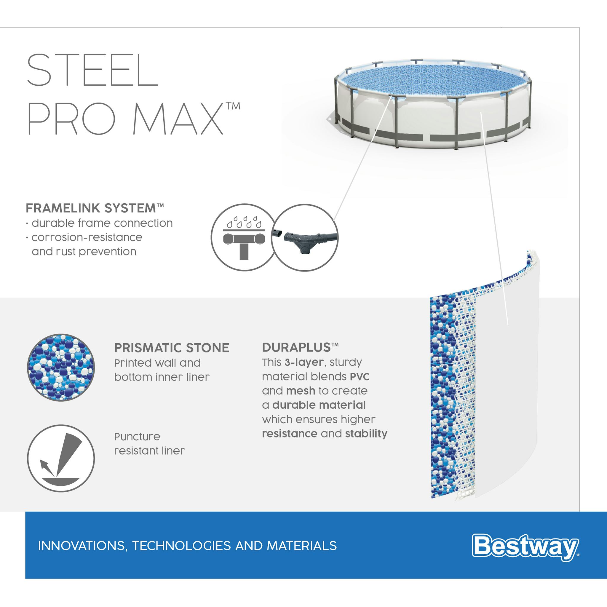 Piscine fuori terra Piscina base struttura e liner rotonda Steel Pro MAX da 305x76 cm grigio chiaro Bestway 4
