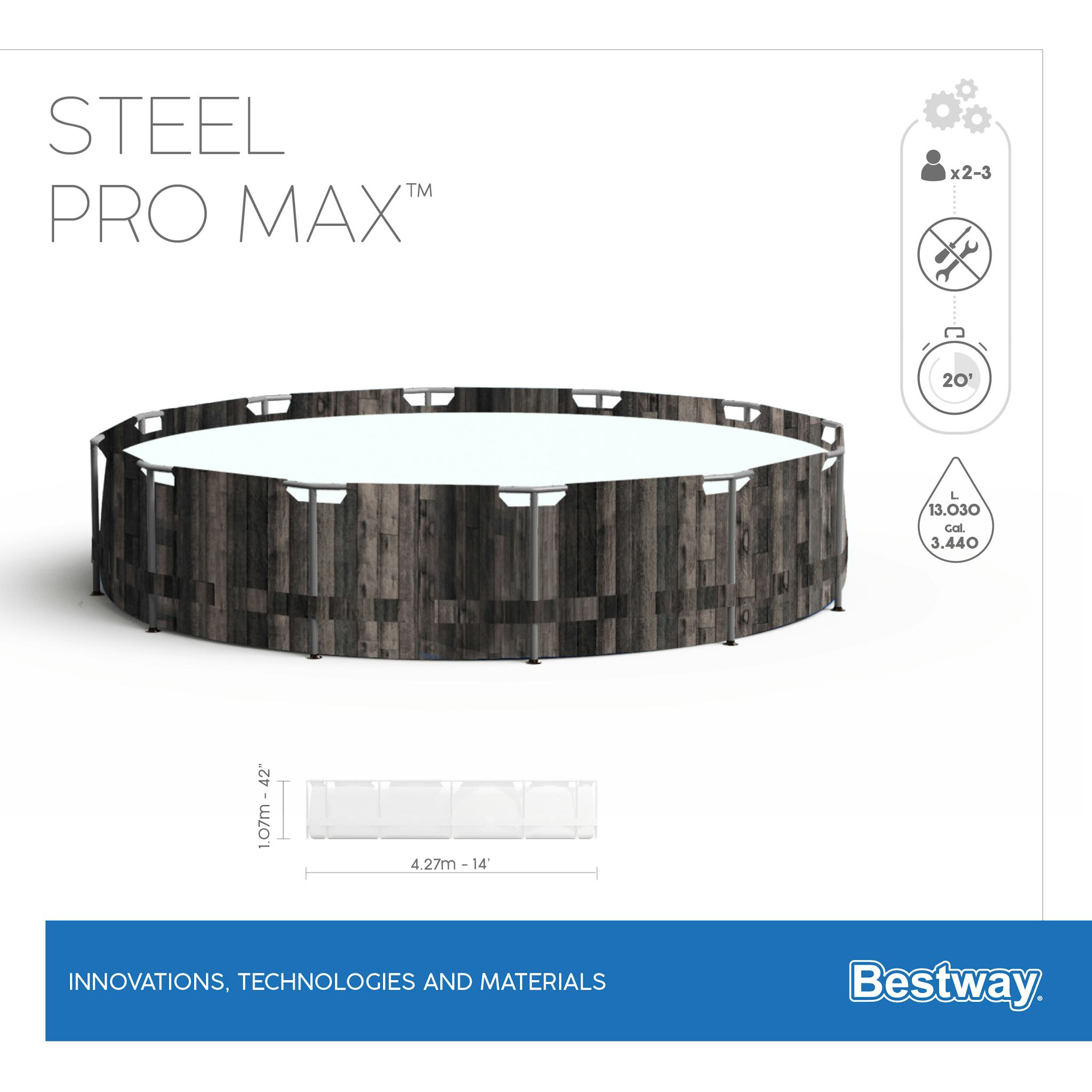 Piscine fuori terra Piscina base struttura e liner rotonda Steel Pro MAX da 427x107 cm effetto legno scuro Bestway 4