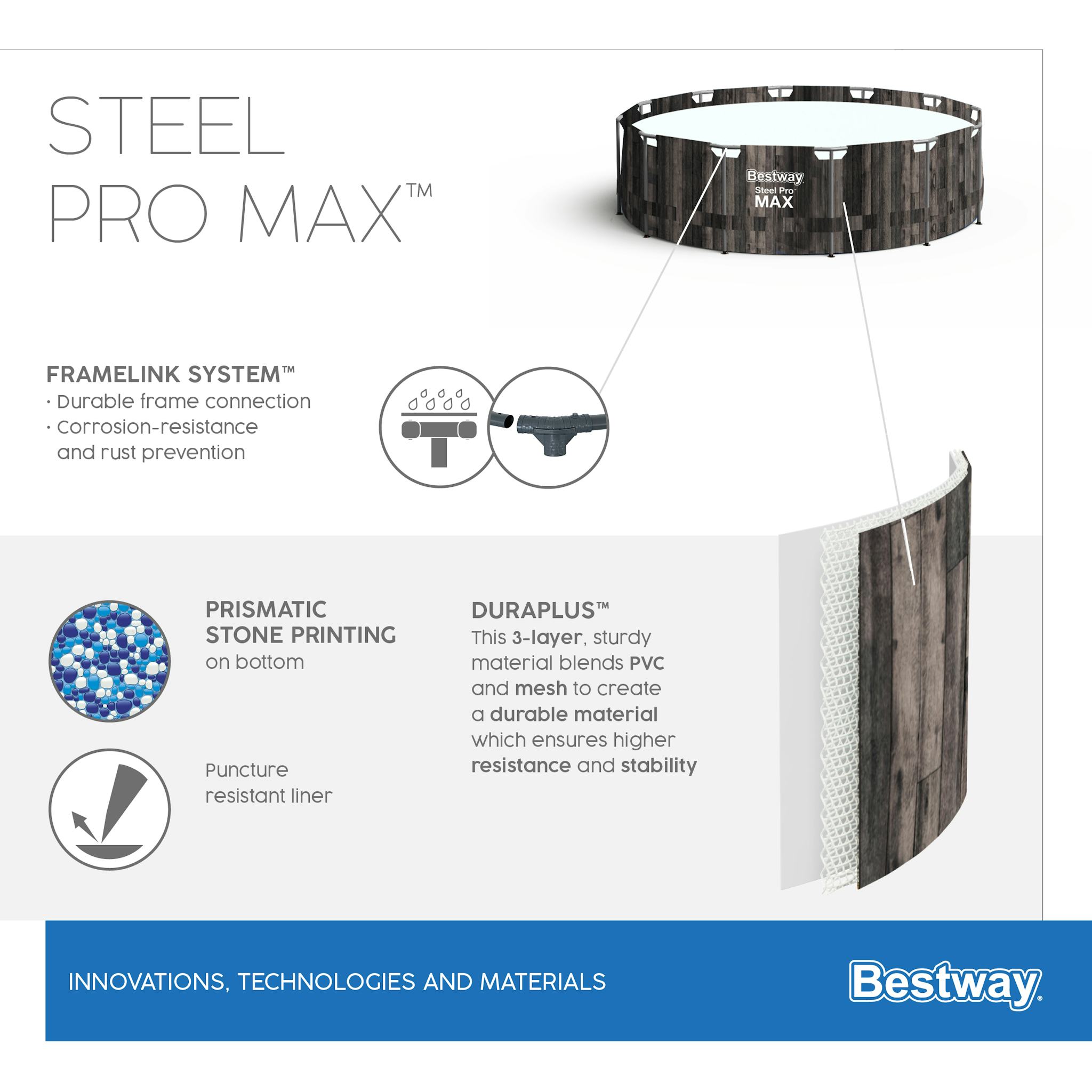 Piscine fuori terra Piscina base struttura e liner rotonda Steel Pro MAX da 366x100 cm effetto legno scuro Bestway 5